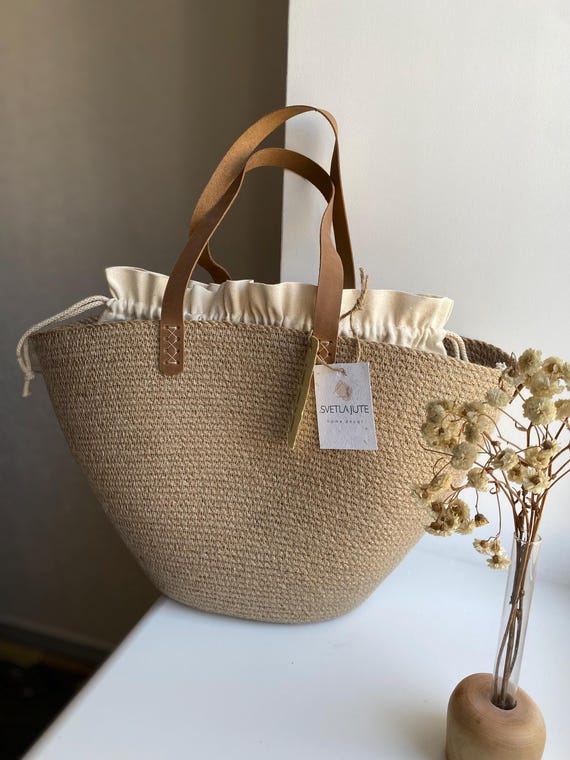 Bolso de yute hecho a mano: asas de cuero, bolso ecológico de