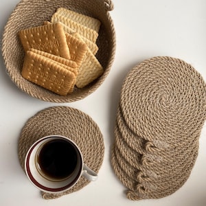 Handmade Jute Coaster Set with Basket: Rustic Boho Table Decor