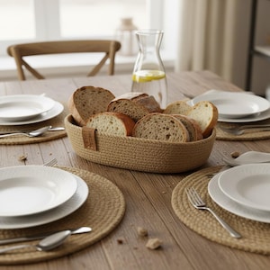 Può includere: Un'ambientazione rustica per la tavola da pranzo con un cestino di pane intrecciato pieno di pane a fette. Piatti bianchi, posate e sottopiatti intrecciati sono disposti attorno al cestino. Una caraffa di vetro con fette di limone aggiunge un tocco rinfrescante.