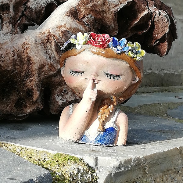 Little girl, succulent/flower pot made of concrete handmade