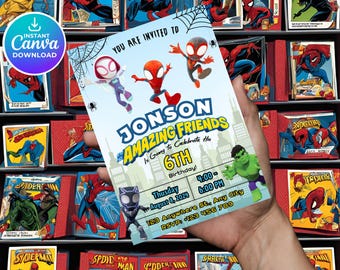 Watercolor Spidey and Friends Birthday Invitation, Editable Superhero Invite (Digital Download)