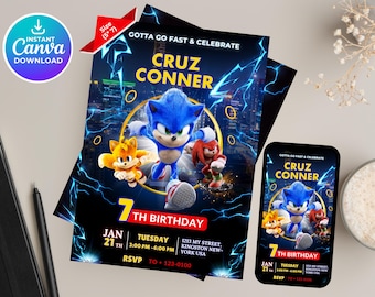 Sonic-verjaardagsuitnodiging | Sonic the Hedgehog-uitnodiging | Sonic-feestuitnodiging | sonische uitnodigingssjabloon | uitnodigingen Canva bewerkbaar