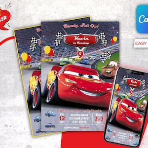 Invito di compleanno Cars per bambini / Invito Saetta McQueen / Inviti per feste di compleanno per bambini / Modello Saetta McQueen modificabile e stampabile