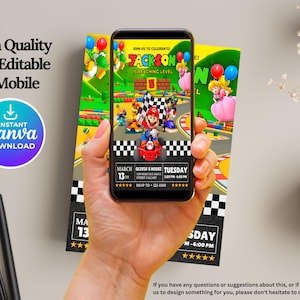 May include: A colorful invitation for a birthday party with a Mario Kart theme. The invitation features a cartoon image of Mario driving a kart on a race track. The text on the invitation reads "Join us to celebrate! Jackson is reaching level 5".