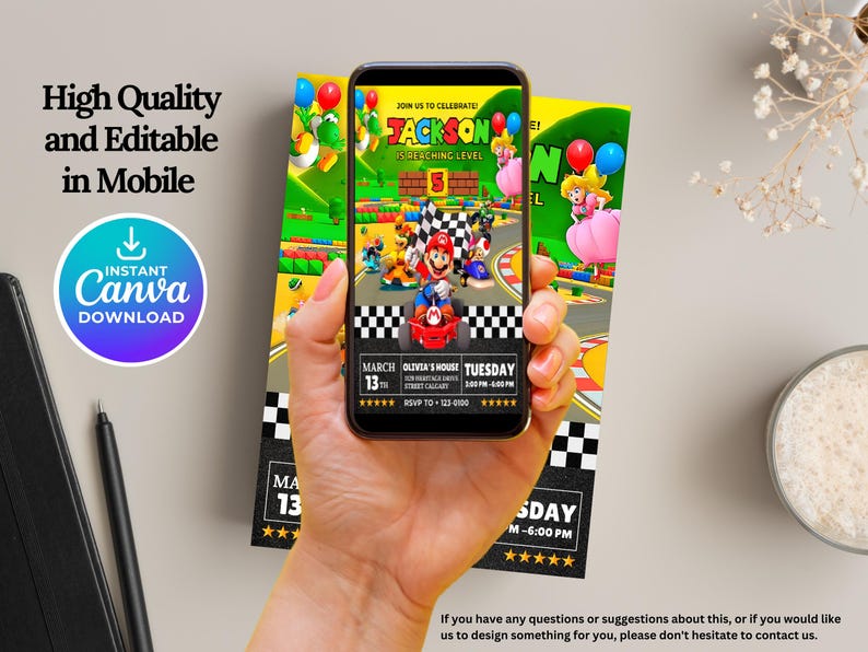 May include: A colorful invitation for a birthday party with a Mario Kart theme. The invitation features a cartoon image of Mario driving a kart on a race track. The text on the invitation reads "Join us to celebrate! Jackson is reaching level 5".
