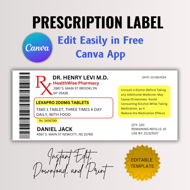 Editable Prescription Label Template Pill Bottle Label RX Label Editable Prescription Label Template Pill Bottle Label RX Label