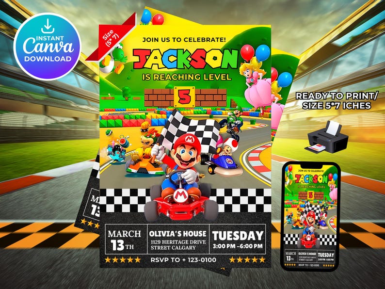 May include: A colorful invitation for a birthday party with a Mario Kart theme. The invitation features a green background with a race track, a red kart, and a character from the Mario Kart video game. The text on the invitation reads "Join us to celebrate! Jackson is reaching level 5." The invitation also includes the date, time, and location of the party.