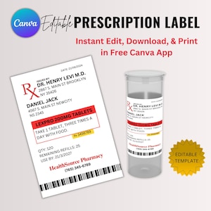 Modelo de rótulo de prescrição editável | Rótulo de frasco de comprimidos | Rótulo RX | | Rótulo de prescrição personalizado | Rótulos de suplemento | Canva editável