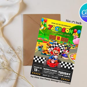 May include: A colorful invitation for a birthday party featuring a cartoon character from the video game Super Mario Kart. The invitation is for Jackson's 5th birthday party and includes the date, time, and location of the party. The invitation is 5 inches by 7 inches.