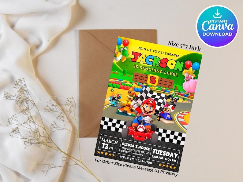 May include: A colorful invitation for a birthday party featuring a cartoon character from the video game Super Mario Kart. The invitation is for Jackson's 5th birthday party and includes the date, time, and location of the party. The invitation is 5 inches by 7 inches.
