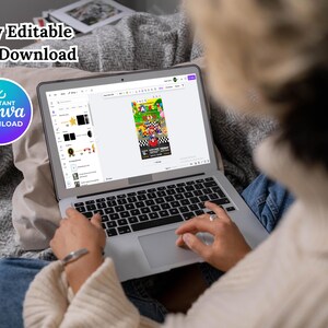 May include: A person using a laptop computer to edit a colorful party invitation with the text "Instant Canva Download" on a blue button. The invitation features a cartoon race car and the text "Race Car Birthday Party".