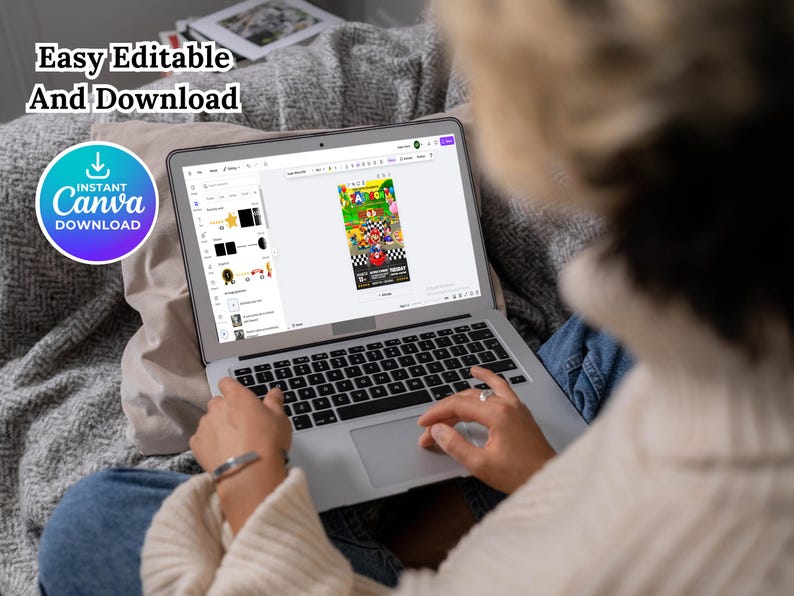 May include: A person using a laptop computer to edit a colorful party invitation with the text "Instant Canva Download" on a blue button. The invitation features a cartoon race car and the text "Race Car Birthday Party".