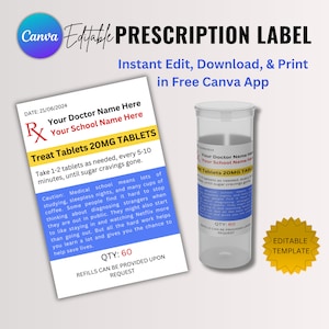 Modelo de etiqueta de prescrição editável | etiqueta do frasco de comprimidos | Etiqueta RX | Etiquetas de pílulas geladas | Etiqueta de prescrição personalizada | Canva editável