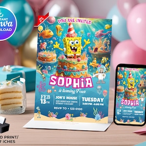 Bewerkbare Spongebob-verjaardagsuitnodiging | Spongebob-uitnodiging | Spongebobfeestje | Sponge bob verjaardag | Spongebob-kaart direct downloaden