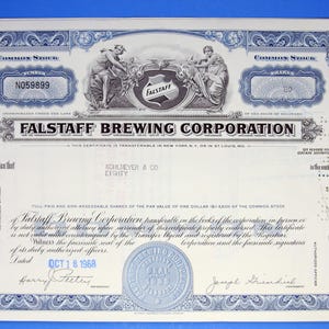 Vintage Falstaff Brewing Corporation Stock Certificate