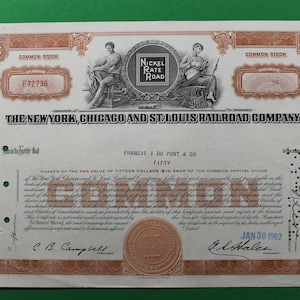 The New York, Chicago and St. Louis Railroad Company Stock Certificate Great Gift