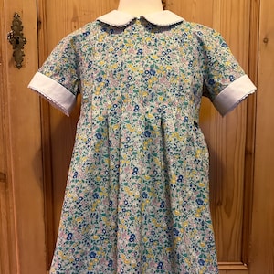 4T handmade girl&#39;s dress of robin egg blue flower print cotton