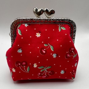 Handmade Retro style red cherry print coin purse
