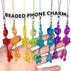 Flower Beaded Phone Charm, Colorful Beaded Phone Charm, Y2k Bag Charm, Kawaii Phone Charm, y2k Cell Phone Charm, Heart Phone Strap, Rainbow