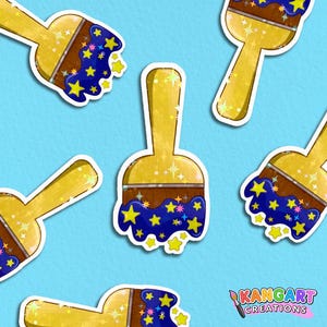 May include: Five gold paintbrushes with blue paint and yellow stars. The paintbrushes are on a light blue background.