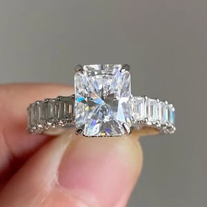 5 Ct Radiant Cut Moissanite Engagement Ring, Crushed Ice Radiant Cut Ring, Elongated Radiant, Hidden Halo Ring for Her