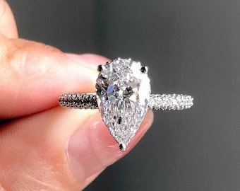 3 CT Pear Cut Moissanite Engagement Ring Anniversary Gift Hidden Halo Ring 14K / 18K White Gold Pave Setting Ring Christmas Gift For Her