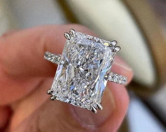 5.00 Ct Radiant Cut Moissanite Engagement Ring, Classic 4 Claw Double Prongs, Invisible Halo Ring, Pave Bridal Ring, Cathedral shank ring