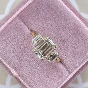 2CT Emerald Cut Three Stone Colorless Moissanite Engagement Ring, Diamond Promise Ring, Wedding Anniversary Gift, CZ Trilogy Ring 925 Silver