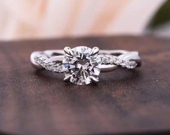2.00 Ct Round Cut Moissanite Infinity Shank Engagement Wedding Ring, Twisted Band, Promise Ring, Gift For Girlfriend, Pave Accent Stack Ring