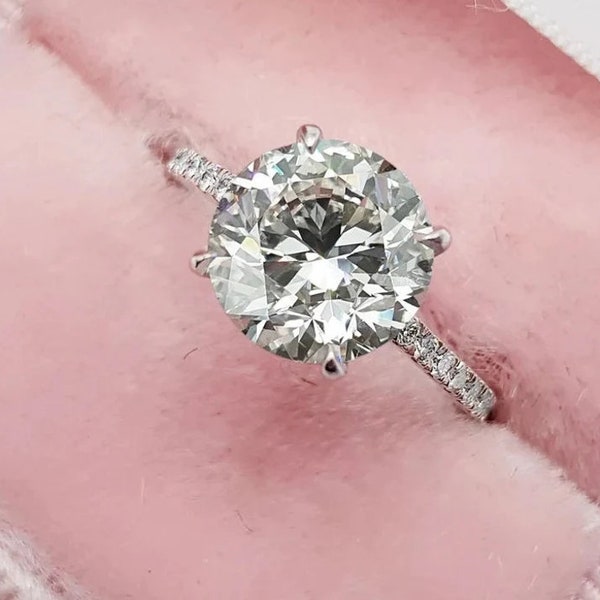 3.5ct Round Cut Moissanite Engagement Ring, Pave Solitaire Ring, Claw 4 Prongs, With Hidden Halo & Pave Bridge, Bridal Wedding Ring