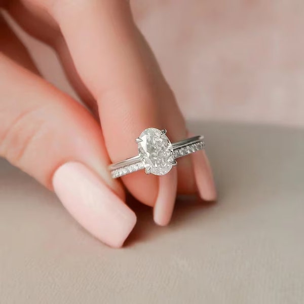 Oval Cut Moissanite Hidden Halo Bridal Ring Set, Round 3/4 Eternity Diamond Wedding Band, Engagement Ring with Matching Band,Dainty Ring Set