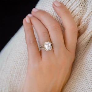 Emerald Cut Moissanite Engagement Ring, 3.54 CT Emerald and Round Moissanite, Split Shank - Handmade Halo Ring, Anniversary Gift for Women