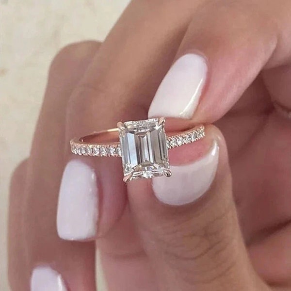 2 CT Emerald Cut Moissanite Engagement Ring, Unique Pave Divergent Ring, Classic 4 Claw Prongs, Wedding Ring, Hidden Halo Solitaire Ring