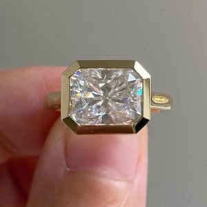 Bezel Set 4.15 Ct Radiant Cut Moissanite Engagement Ring, Crushed Ice Radiant Cut Ring, Elongated Radiant, Bezel Set Ring for Her
