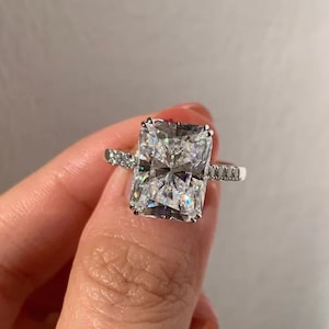 5 Ct Radiant Cut Moissanite Engagement Ring, Crushed Ice Radiant Cut Ring, Elongated Radiant, Hidden Halo Ring for Her