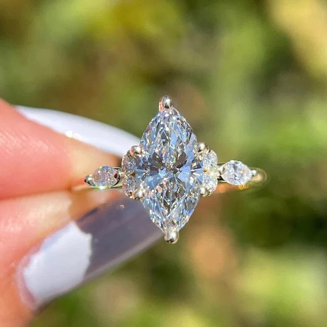 Vintage 3 CT Marquise Cut Cluster Engagement Ring Moissanite Diamond 