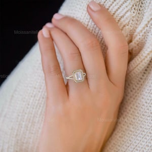 Emerald Cut Moissanite Engagement Ring, 1.40 CT Emerald and Round Moissanite, Split Shank - Handmade Halo Ring, Anniversary Gift for Women