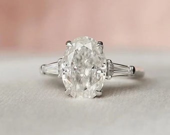 2CT ovale geslepen Moissanite drie stenen verlovingsring, taps toelopende stokbrood trouwverjaardag ring, unieke voorstel ring, zilveren bruids ring