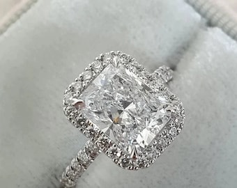 3CT Radiant Moissanite Engagement Ring, Unique Halo, Pave Band