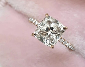 2.5ct Cushion Cut Moissanite Engagement Ring, Classic 4 Prong Ring, Moissanite Pave Solitaire Ring, Dainty Wedding Ring & Hidden Halo.