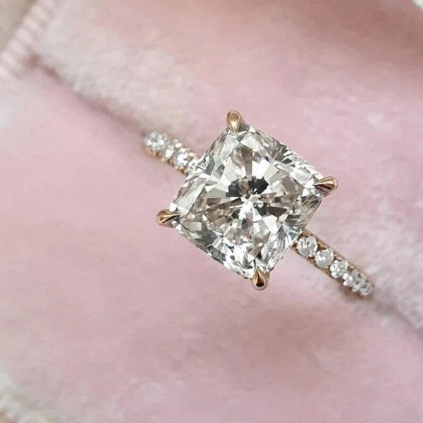 2.5ct Cushion Cut Moissanite Engagement Ring, Classic 4 Prong Ring, Moissanite Pave Solitaire Ring, Dainty Wedding Ring & Hidden Halo.