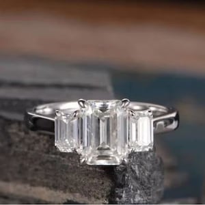 3 Stone Emerald Cut Moissanite Engagement Ring, Trilogy Ring, Classic Wedding Ring For Women, Triple Stone Cubic Zirconia Ring,Birthday Gift