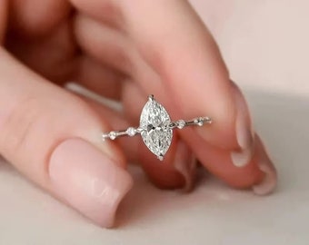 1CT Marquise Cut Moissanite verlovingsring, verborgen Halo trouwring, stapelbare verjaardagsring, minimalistische ring, zijsteen eenvoudige ring