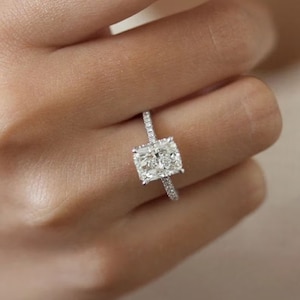 2CT Radiant Cut Moissanite Engagement Ring, Three Side Pave & Hidden Halo Wedding Ring, Classic Prongs Ring, Dainty Ring, Cathedral Shank