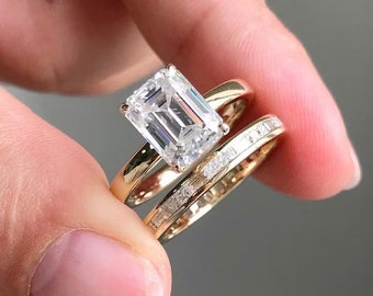 Bruidsset 3 Ct Emerald Cut Moissanite verlovingsring, Emerald Cut Ring, Moissanite verlovingsring, verborgen Halo Emerald Cut Ring