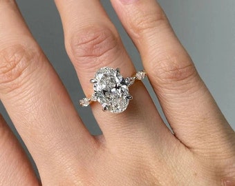 Bague de fiançailles diamant moissanite taille ovale 3 carats marquise en or 14 carats, halo caché, cadeau pour elle, bague d'anniversaire, cadeau de mariage