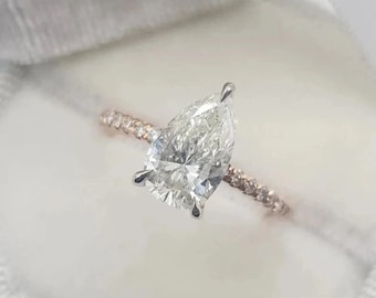 1.5ct Pear Moissanite Ring, Pear Engagement Ring, Unique Two-tone Ring, Pave Bridal Solitaire Ring, Vintage Style Ring, Bridal Ring