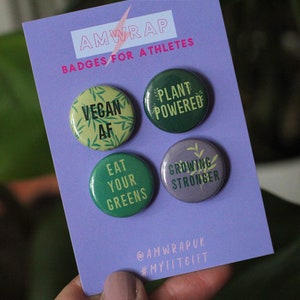 Insignias de pin de fitness vegano conjunto de 4 - impulsado por plantas - gimnasio de levantamiento de pesas