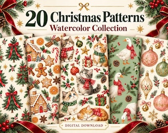 Könnte beinhalten: Eine digitale Sammlung mit dem Titel 20 Christmas Patterns Watercolor Collection, bestehend aus vier vertikalen Paneelen mit Illustrationen von Lebkuchenhäusern, Kätzchen, Gänsen und Ornamenten auf cremefarbenen und grünen Hintergründen.
