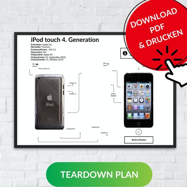A4 German (29.7 x 21 cm) Teardown Plan Apple iPod Touch 4th, Digital Teardown Poster for Apple iPod Touch 4th - Creative Decoration, Gift
